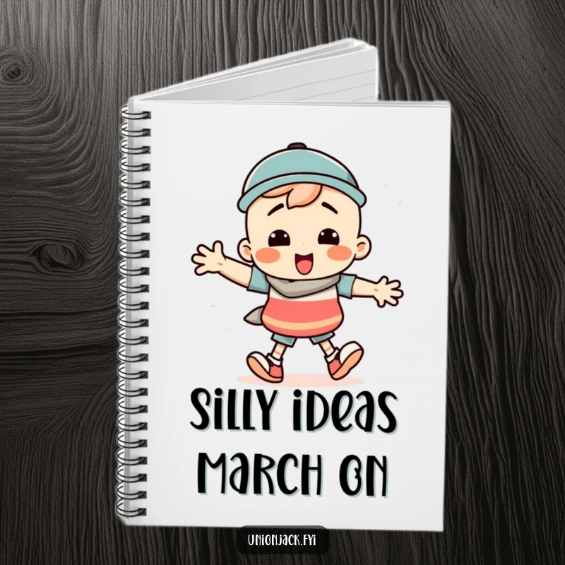 Funny notebook cover with a character doing a silly march with comically exaggerated steps, ready for notes.