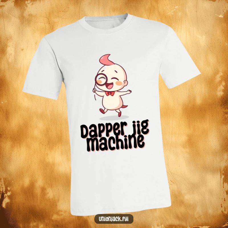 Funny t-shirt depicting a character performing a joyful jig with a monocle held perfectly in place, full of dapper glee.