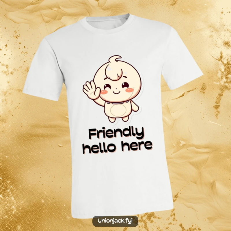 Funny t-shirt featuring a character giving a warm, inviting wave and a smile, embodying friendliness and cheerful humor.