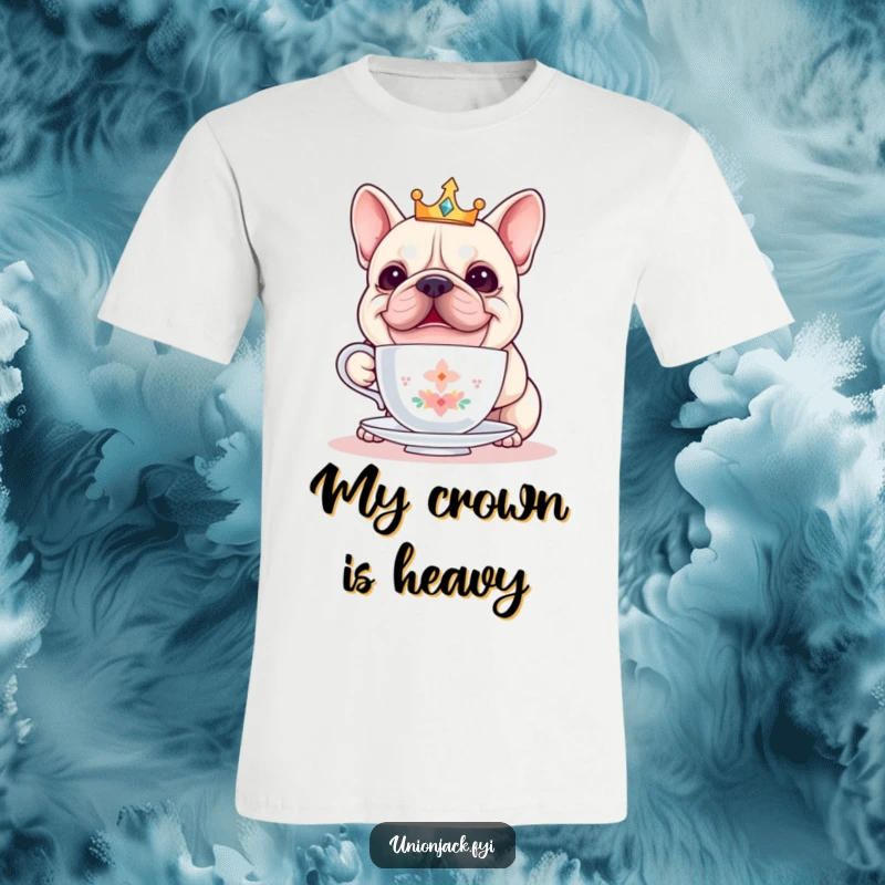 Funny bulldog t-shirt features a cheerful bulldog wearing a crown, struggling to balance a teacup, a whimsical and funny scene.