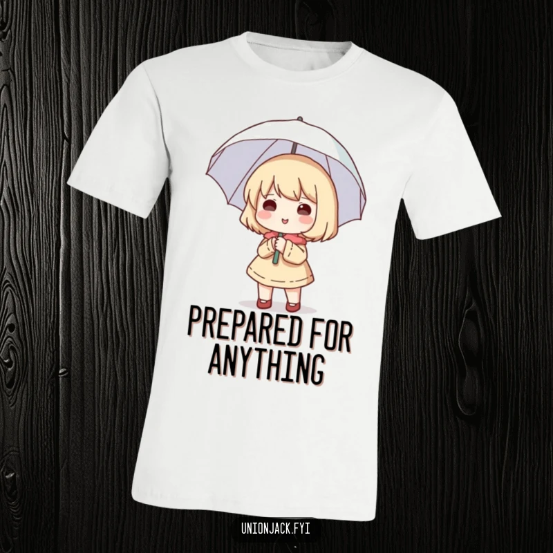 Funny T-shirt showing a cute character happily holding a small umbrella open, radiating joy without rain.