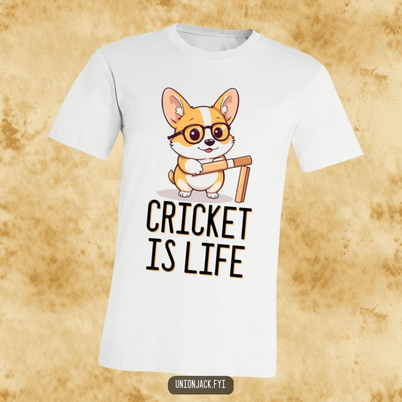 Funny corgi t-shirt features a determined corgi in a monocle, holding a cricket bat, preparing for a match with comical intensity.