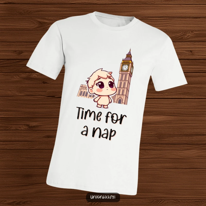 Funny t-shirt with a curious character gazing up, full of questions, at the famous Big Ben clock tower.