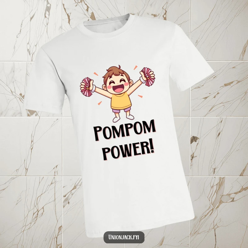 Funny t-shirt with a jovial character exuberantly cheering with pom-poms, radiating infectious joy and enthusiasm.