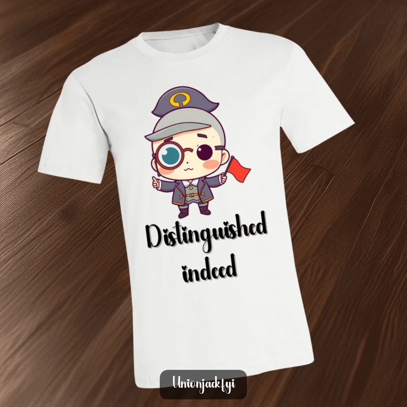 Funny t-shirt with a character wearing a monocle, proudly holding a small flag, showcasing refined humor and a distinguished presence.