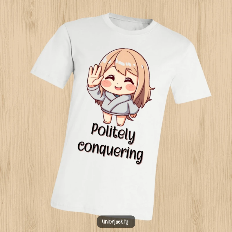 Funny t-shirt depicting a character giving an exaggerated, polite salute with a friendly smile. Ideal for ambassadors of good vibes and polite gestures.