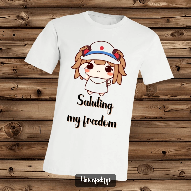 Funny t-shirt with a cute character proudly saluting and holding a small flag, perfect for patriotic occasions.