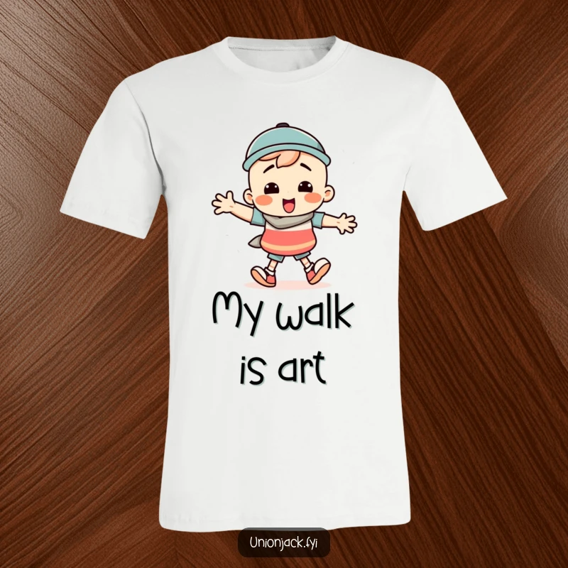 Funny t-shirt depicting a character performing a silly march with comically large, exaggerated steps and a beaming smile.