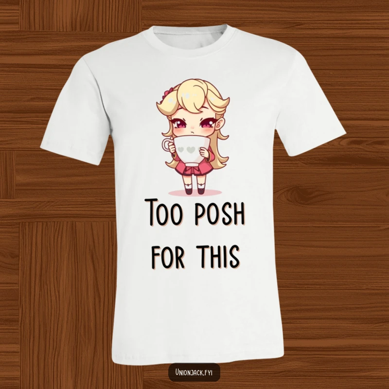 Funny t-shirt featuring a character holding a teacup with an exaggeratedly sophisticated pose, embodying playful elegance and humorous snobbery.