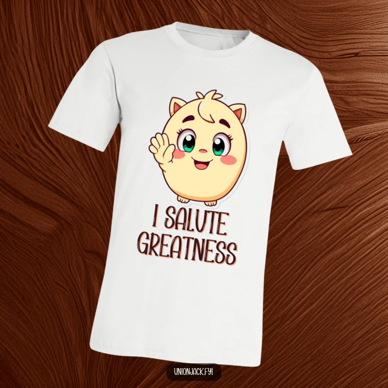 Funny t-shirt with a happy character, wide eyes, and a playful grin, enthusiastically saluting, designed for maximum cheer and laughter.