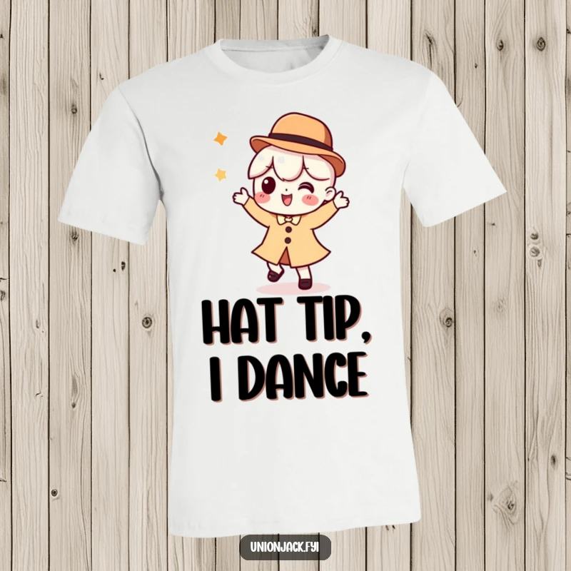 Funny T-shirt displaying a character performing a hilarious, silly dance while sporting a stylish bowler hat, radiating joy.