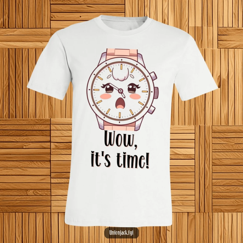 Funny t-shirt with a surprised character, raised eyebrows, looking with admiration at a large watch face, perfect for expressing surprise.