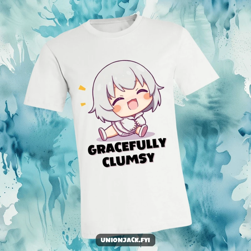 Funny t-shirt depicting a character comically tripping but sporting a cheerful grin, celebrating recovery.