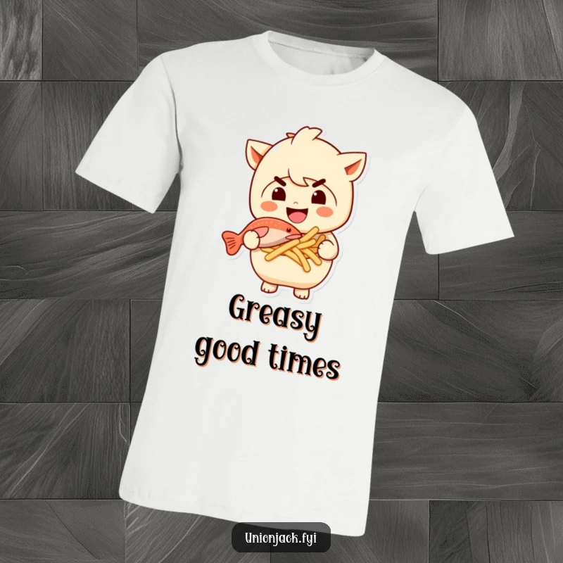 Funny t-shirt depicting a character with a sly grin, clutching tasty fish and chips. A humorous and appetizing design.