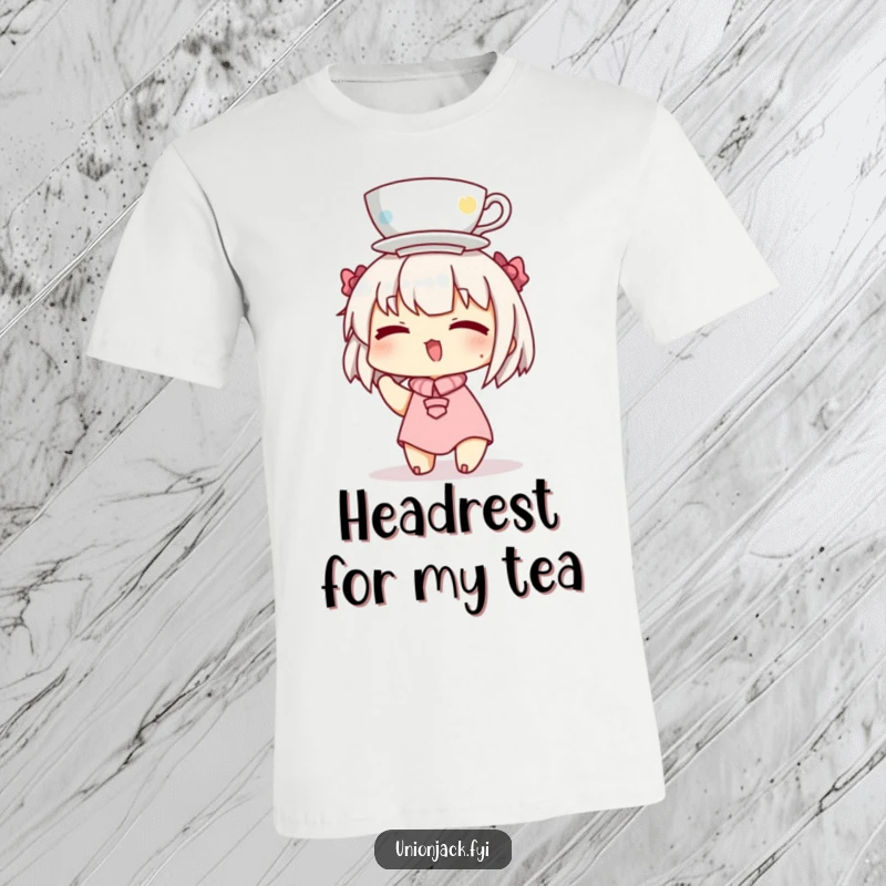 Funny t-shirt showcasing a character with a mischievous wink, skillfully balancing a teacup atop their head in a comical display.