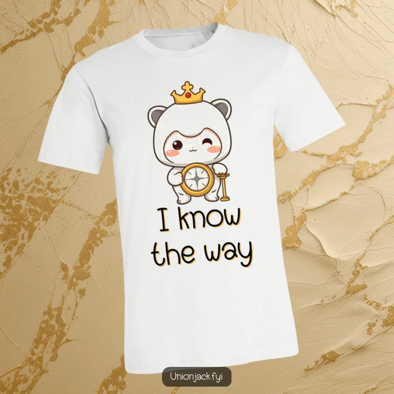 Funny T-Shirt: Character proudly looking at a compass, embodying a humorous spirit of adventure and finding one's true north.