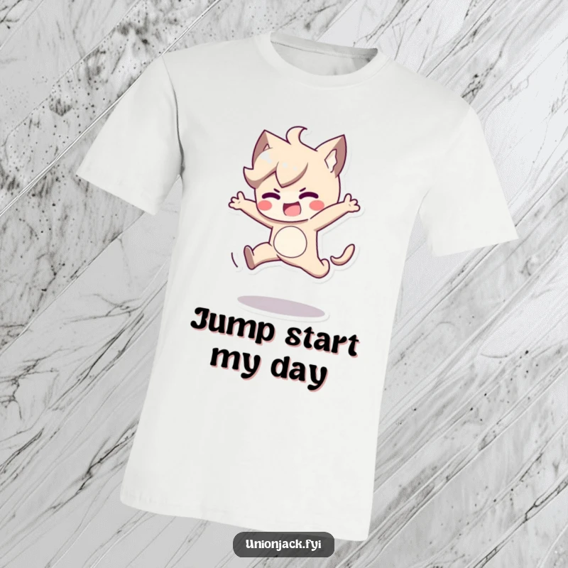 Funny t-shirt depicting a character in a determined, playful mid-air jump. A vibrant and humorous athletic design.