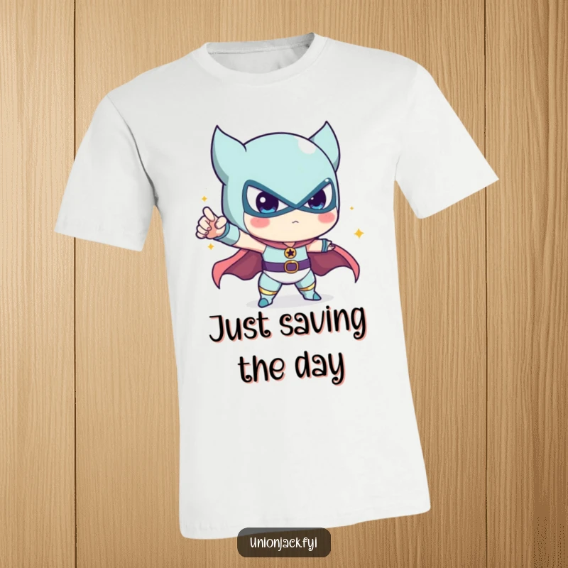 Funny t-shirt showcasing a cute character striking a dramatic and humorous heroic pose, ready for action.