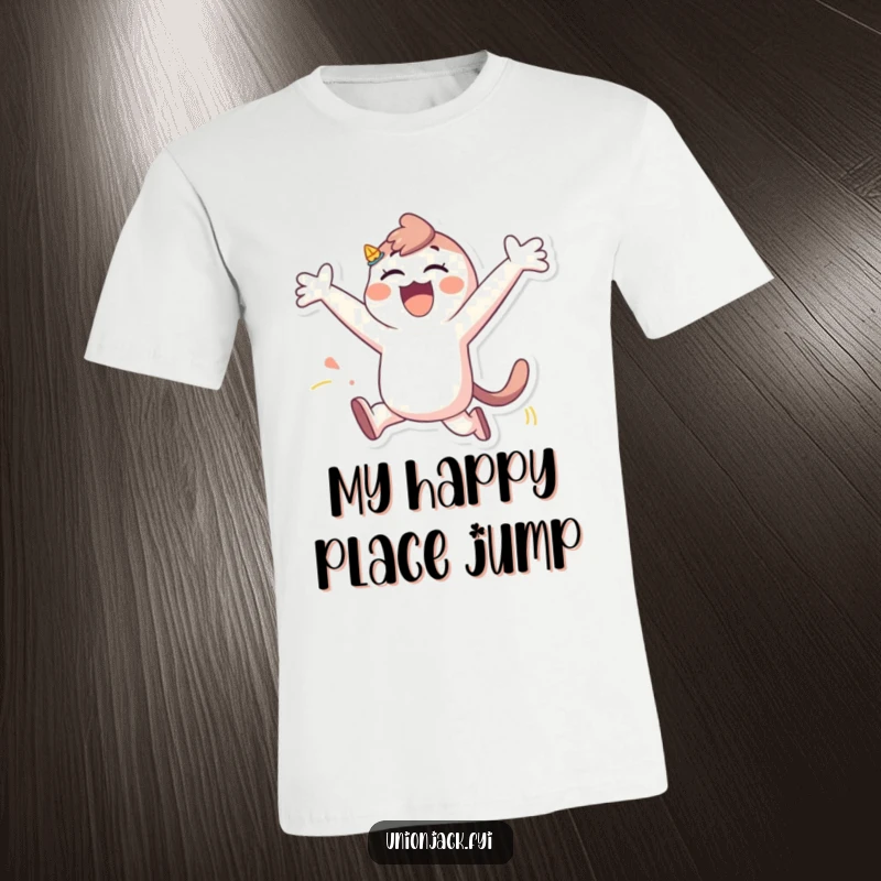 Funny t-shirt featuring a character performing an energetic, playful leap with arms outstretched, radiating pure joy and freedom.