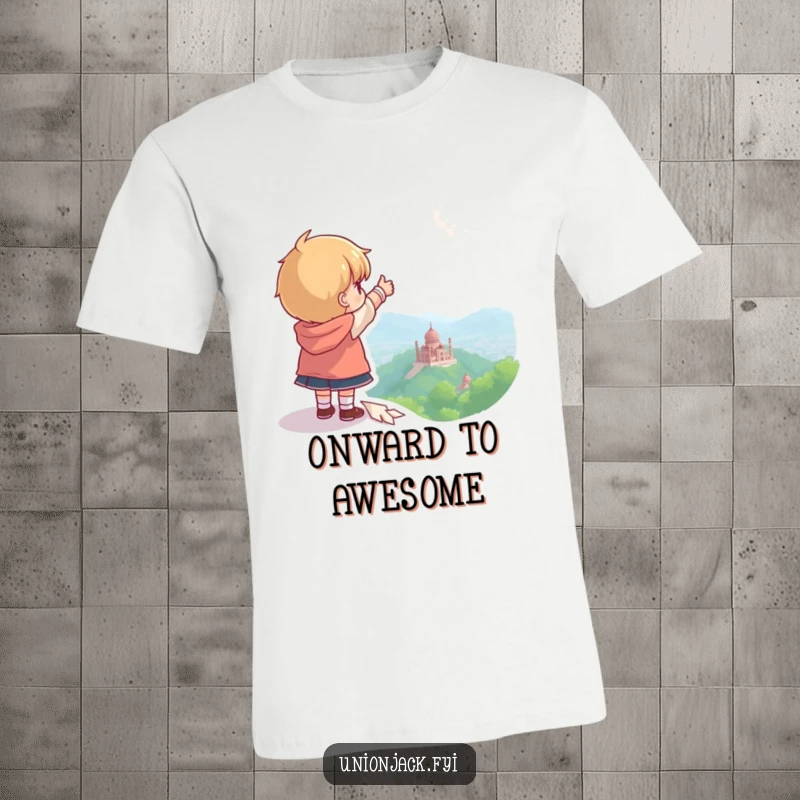 Funny t-shirt featuring a character pointing confidently towards a distant point, representing ambition and travel.