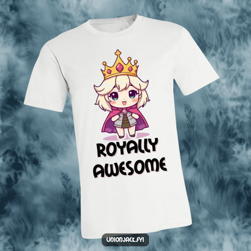 Funny t-shirt showcasing a character looking grand and regal in a crown and cape, radiating amusing majesty.