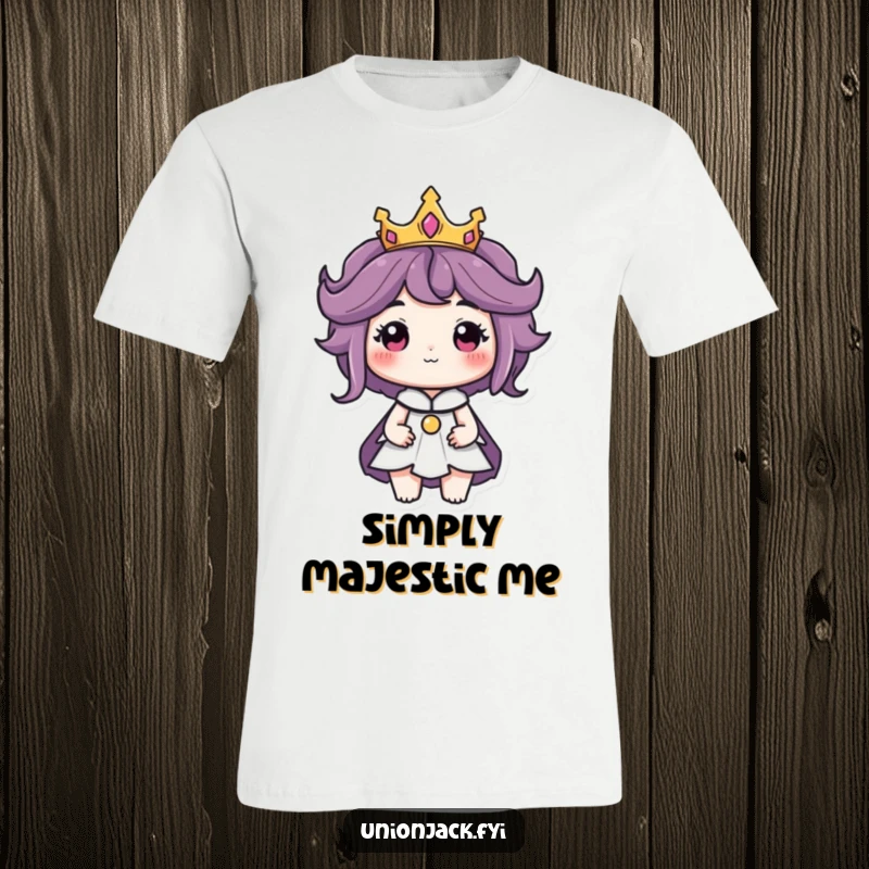 Funny t-shirt featuring a character wearing a tiny crown with a regal air, showcasing majestic and humorous fashion.