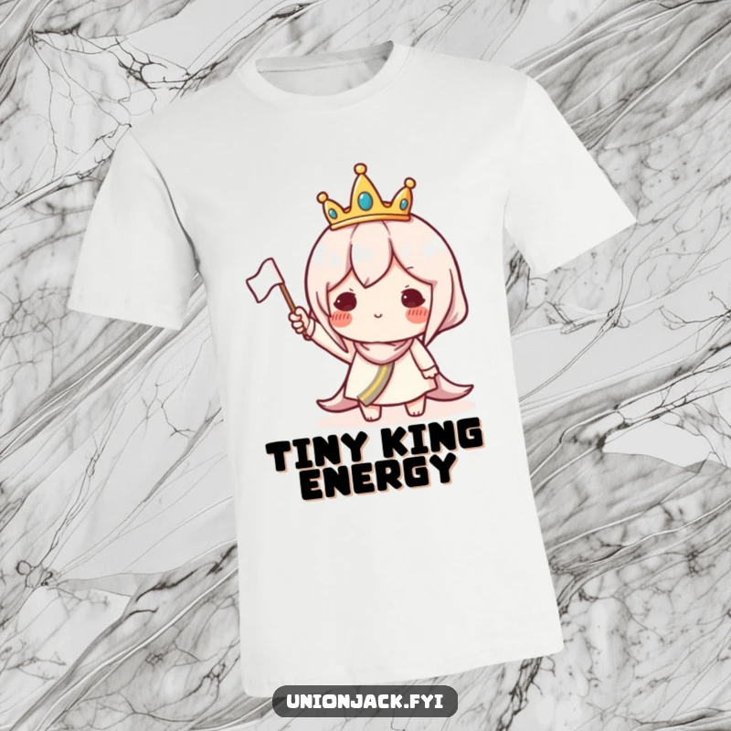 Funny t-shirt with a character in a small crown waving a little flag, exuding playful royal authority and charm.