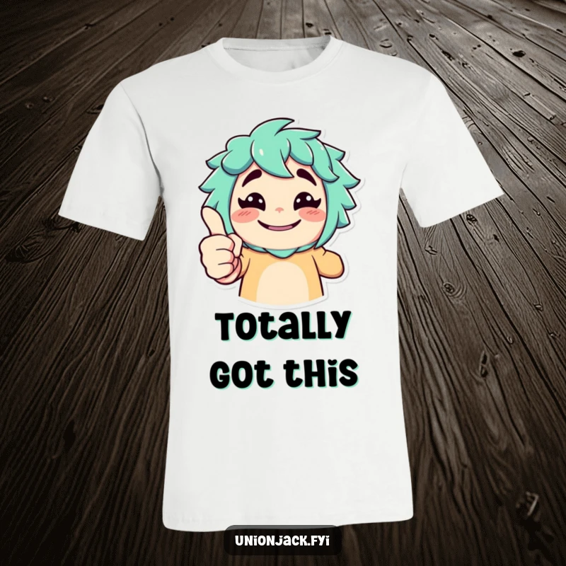 Funny t-shirt with a character giving an exaggerated thumbs up and a cheeky grin, symbolizing positivity and humor.