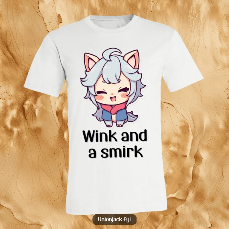 Funny t-shirt depicting a character with a playful smirk, giving a cheeky wink, conveying confidence and a touch of playful mischief.