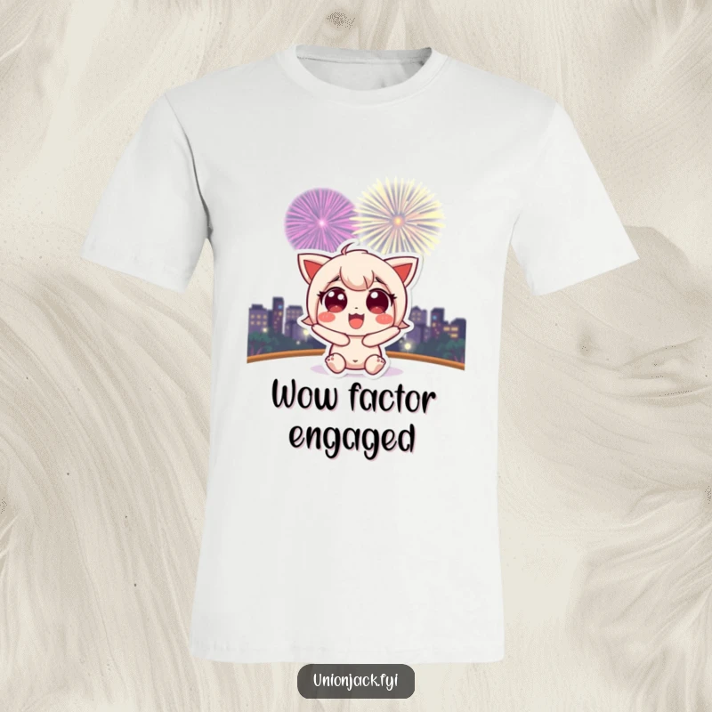 Funny T-shirt featuring a cute character with wide, excited eyes watching a vibrant fireworks show.