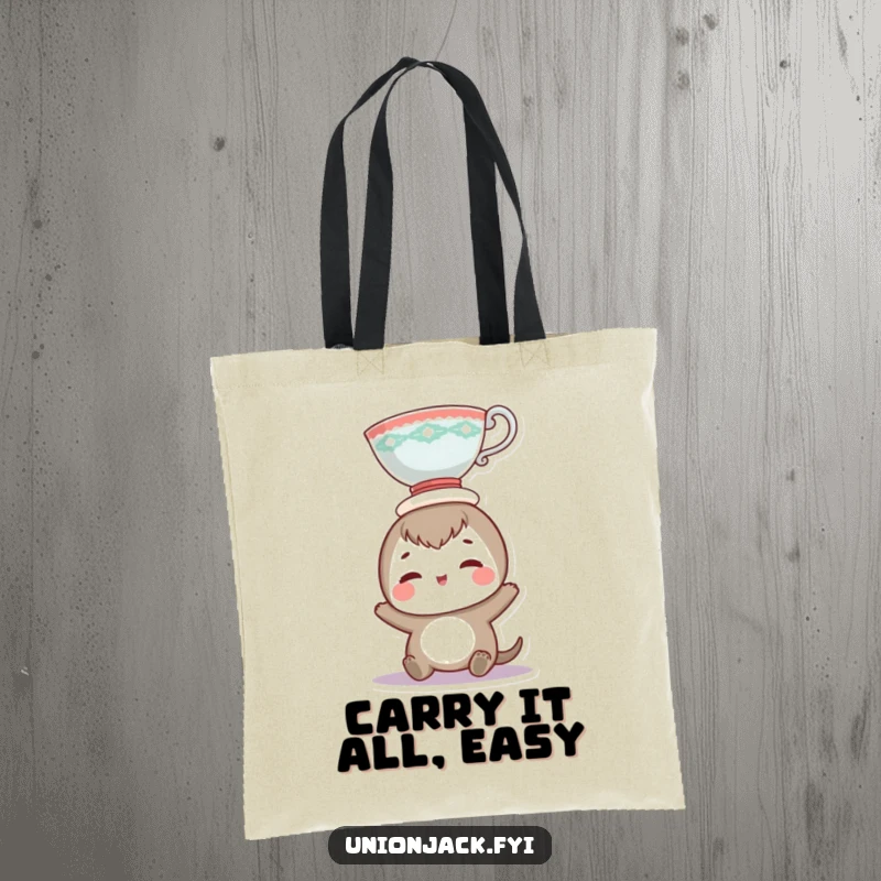 Funny tote bag showcasing a cheerful character humorously balancing a teacup on its head, perfect for carrying daily items with a laugh.