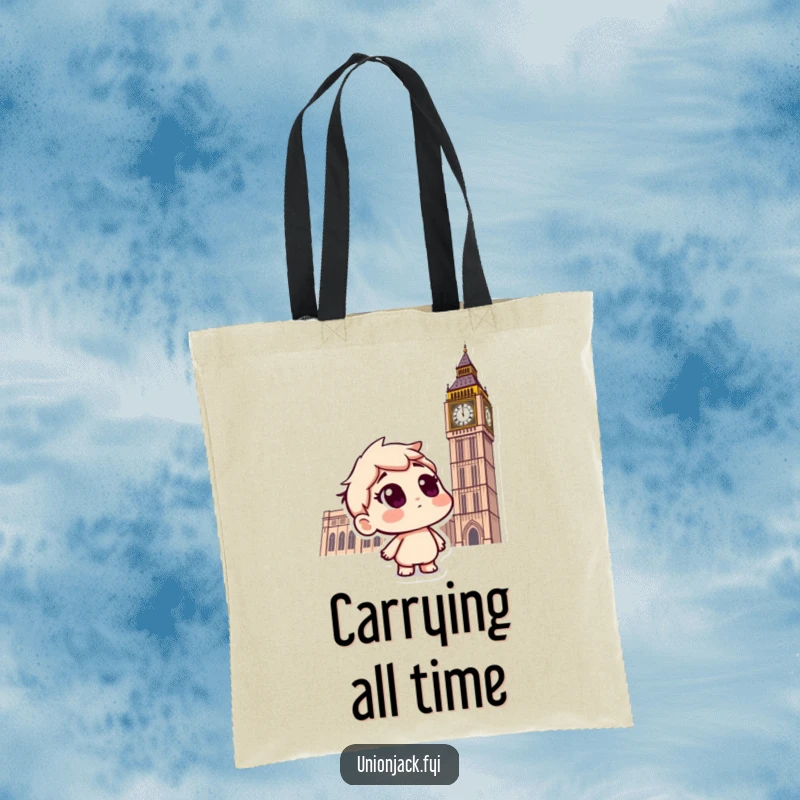 Funny tote bag featuring a curious character questioning the impressive Big Ben clock tower, symbolizing London exploration.