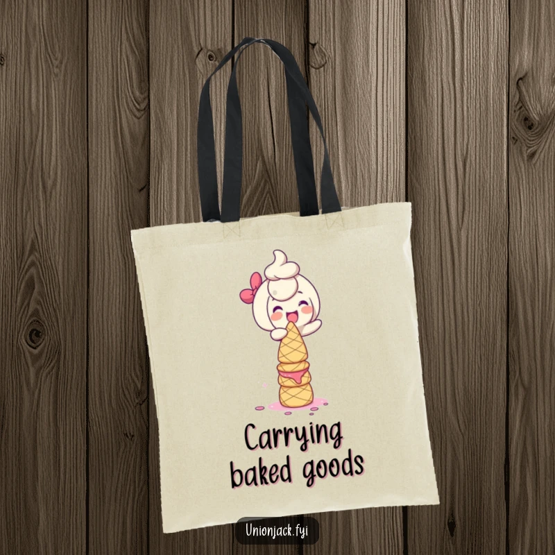 Funny Tote Bag: Character giggling while balancing a tower of scones, perfect for carrying groceries or treats with a humorous touch.