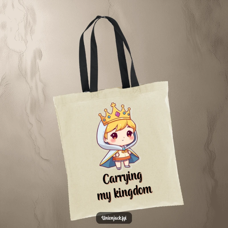 Funny tote bag with a character looking regal in a crown and cape, a humorous and stylish accessory.
