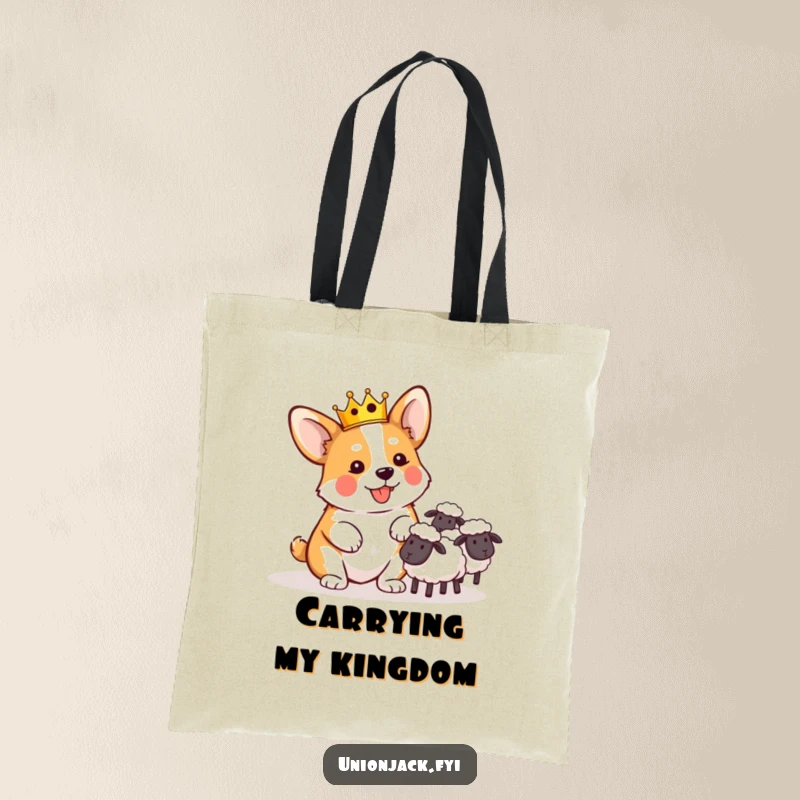 Funny tote bag featuring a playful corgi in a tiny crown, comically herding sheep, for a humorous touch.
