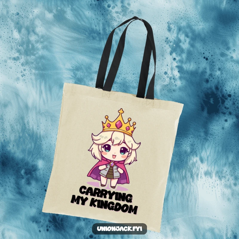 Funny tote bag with a character looking regal in a crown and cape, perfect for carrying daily items with a touch of humor.