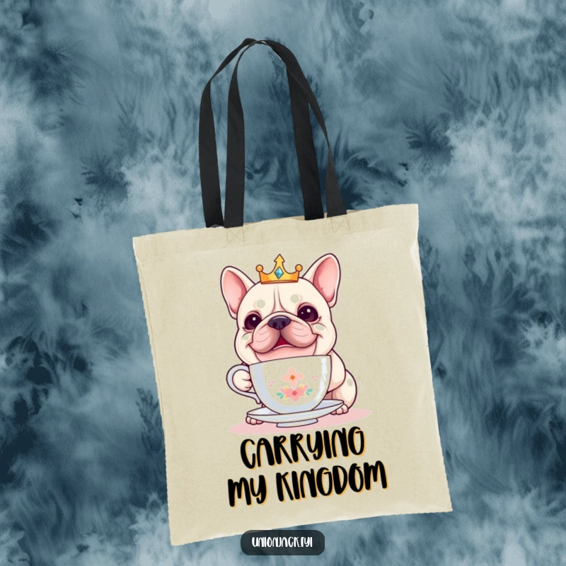 Funny bulldog tote bag illustrated with a cheerful bulldog in a crown, balancing a teacup, a whimsical and practical accessory.