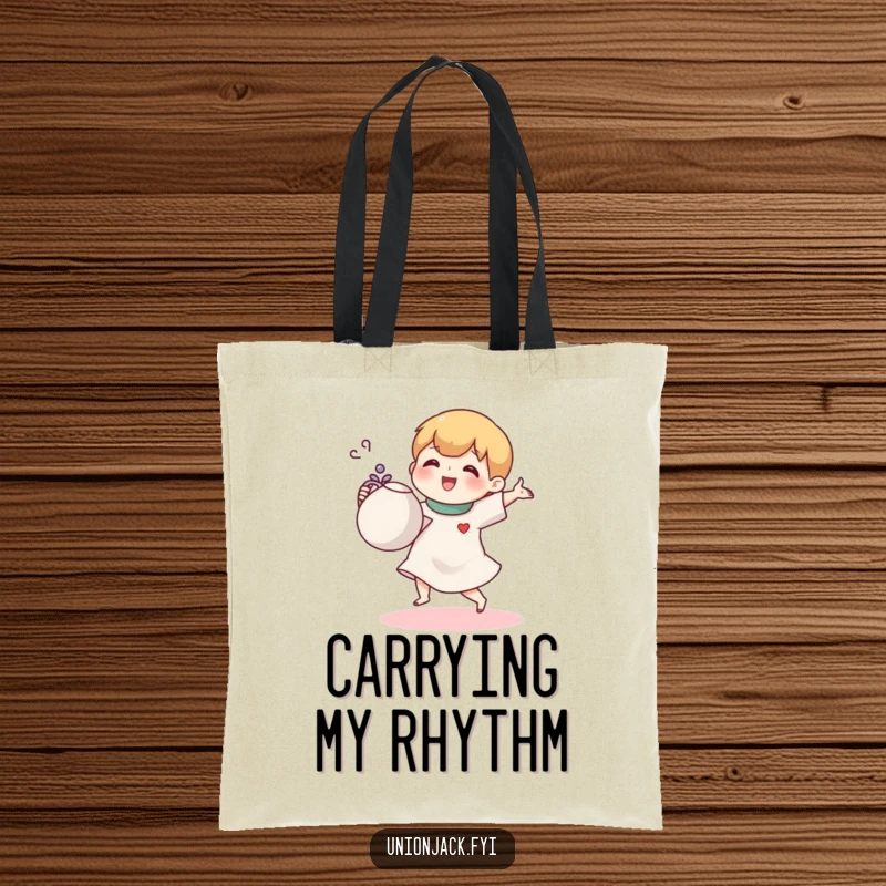 Funny tote bag with a small cartoon character joyfully doing a jig with a teapot, perfect for carrying tea essentials.