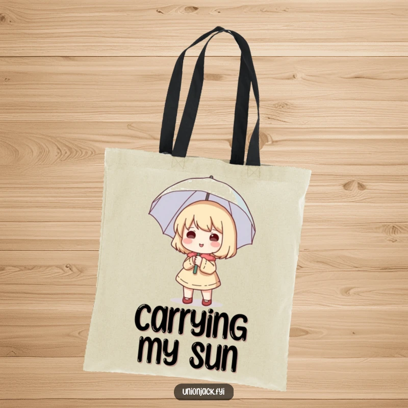 Funny tote bag featuring a cute character happily holding a small umbrella open, even when it’s sunny.