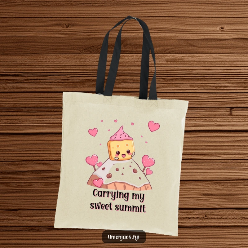 Funny biscuit tote bag with a determined character comically climbing a teacake mountain, a humorous and functional accessory.