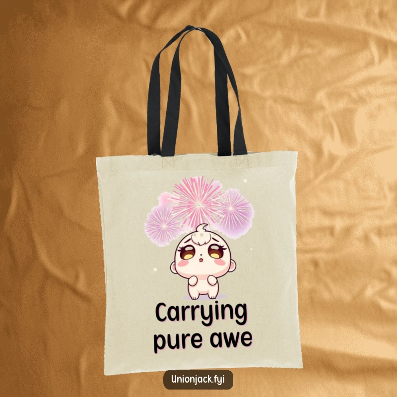 Funny tote bag depicting a wide-eyed character mesmerized by the beauty of exploding celebratory fireworks, perfect for carrying essentials with flair.