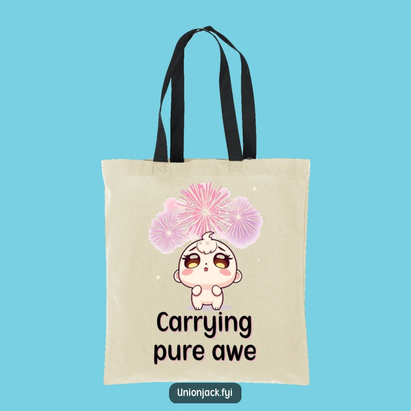 Funny Fireworks Shopping Tote: Wide-Eyed Character's Wonder, Carry Your Humor in Style!