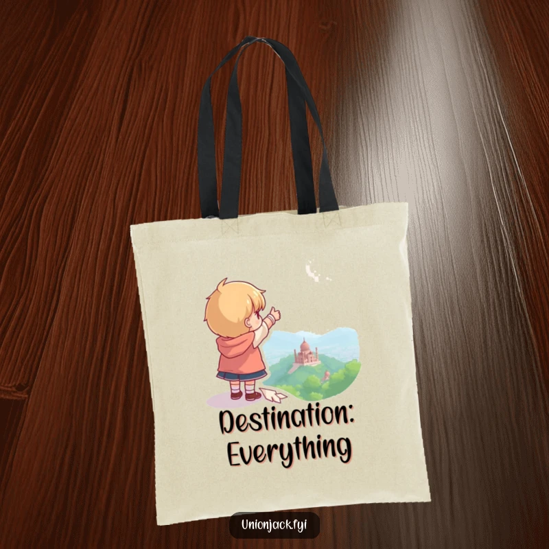 Funny tote bag with a character pointing towards a destination, perfect for carrying essentials on the go.