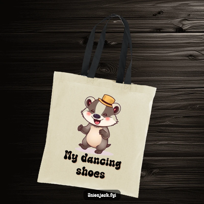 Funny badger tote bag features a delighted badger in a bowler hat, mid-waltz, a stylish and humorous accessory.