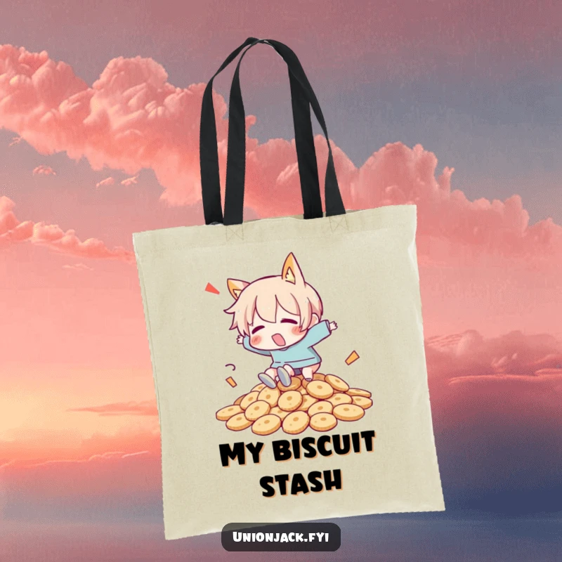 Funny tote bag with a character comically tripping over a huge pile of biscuits, ideal for grocery shopping laughs.