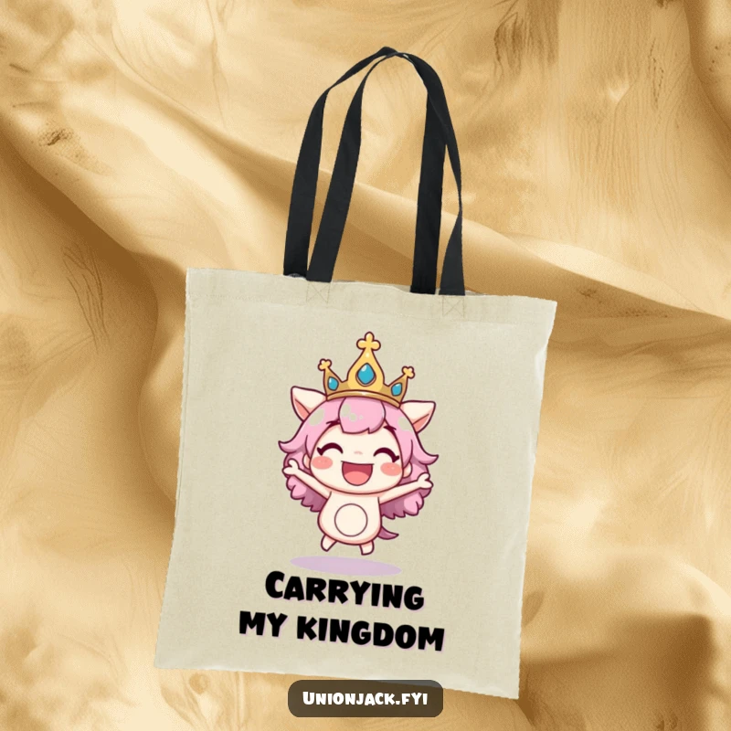 Funny tote bag with a character excitedly bouncing with a regal crown askew, perfect for carrying essentials with a dose of playful royalty.
