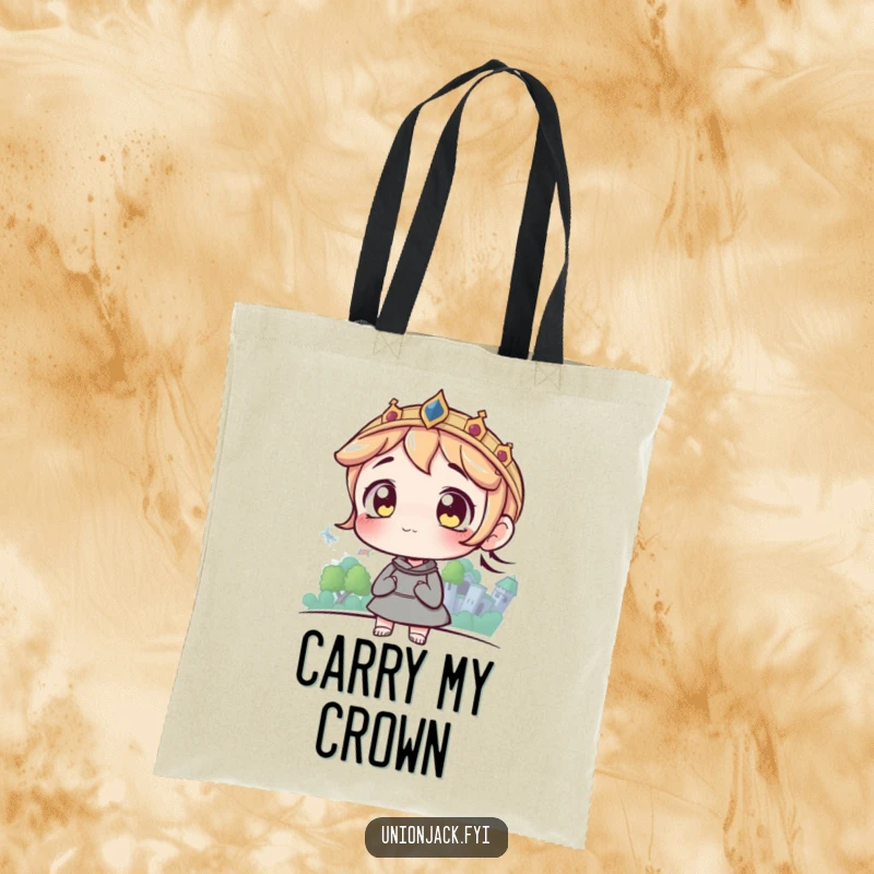 Funny tote bag with a character having wide eyes looking at a distant castle, perfect for carrying dreams and essentials.