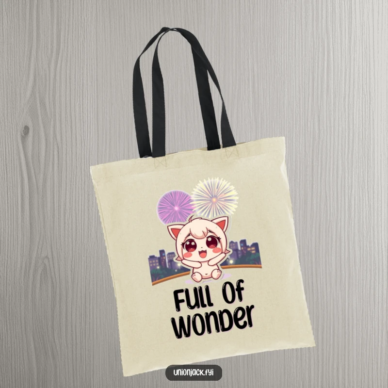 Funny tote bag featuring a cute character with wide, excited eyes watching a colorful fireworks display.