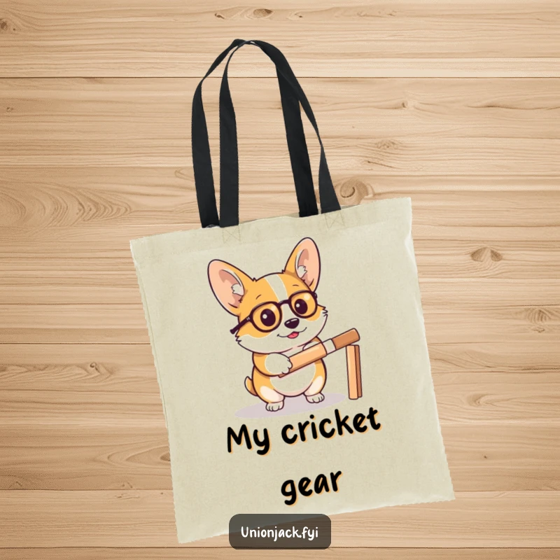 Funny corgi tote bag features a determined corgi in a monocle, holding a cricket bat, a stylish and humorous accessory.