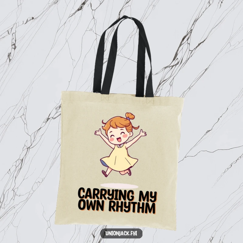 Funny tote bag featuring a character joyfully dancing with a jaunty, energetic stride, ready for errands. A practical and humorous accessory for daily use.